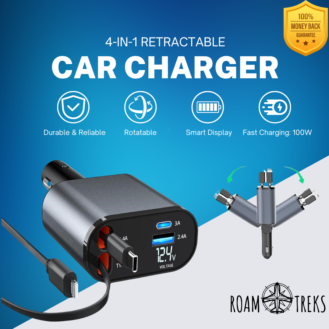 4-in-1 Retractable Car Charger - 100W Fast Charge