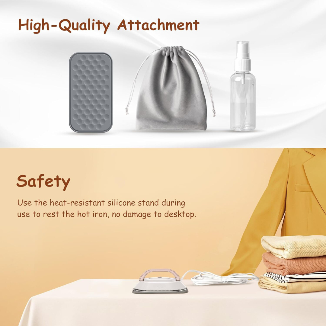 Travel Iron with Dual Voltage - 120V/220V Lightweight Dry for Clothes (No Steam), Non-Stick Ceramic Soleplate, 302℉ Mini Heat Press Machine, with Spray Bottle, Pouch & Silicone Stand