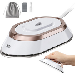 Travel Iron with Dual Voltage - 120V/220V Lightweight Dry for Clothes (No Steam), Non-Stick Ceramic Soleplate, 302℉ Mini Heat Press Machine, with Spray Bottle, Pouch & Silicone Stand